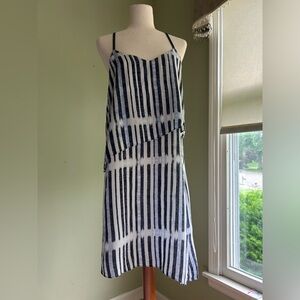 HD in Paris navy/white silk sundress. Skinny straps. Tiered asymmetrical 10P
